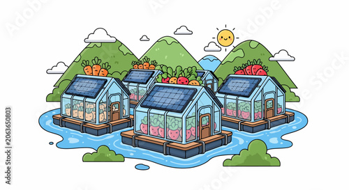 Floating greenhouses with solar panels on water surrounded by mountains and sun.