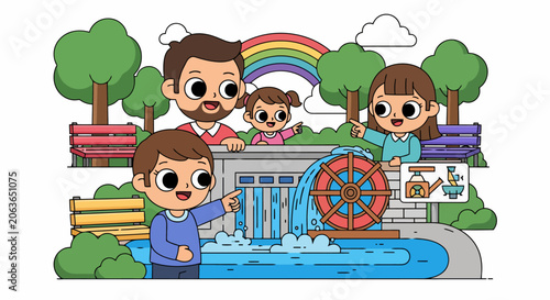 Happy cartoon family enjoying a day at the park with a water fountain.