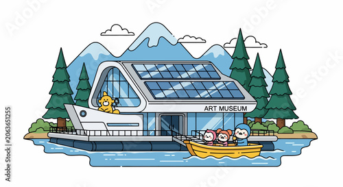 Modern Art Museum Building with Solar Panels and Mountains.