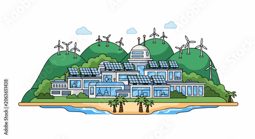 Modern Eco-Friendly Building Complex with Solar Panels and Wind Turbines.