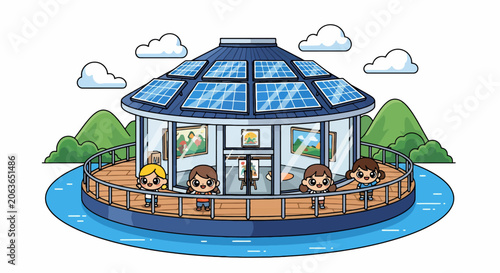 Modern Circular Building with Solar Panels on Water.