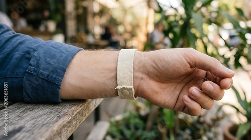 Close up of a man wearing a beige fabric wristband at an outdoor cafe