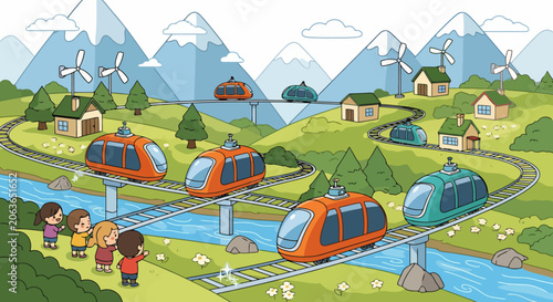 Modern futuristic trains traveling through a green eco-friendly landscape.