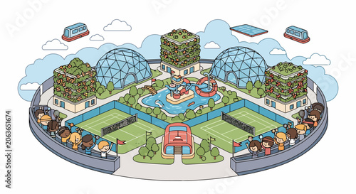 Modern Futuristic Cityscape with Green Buildings and Domes.