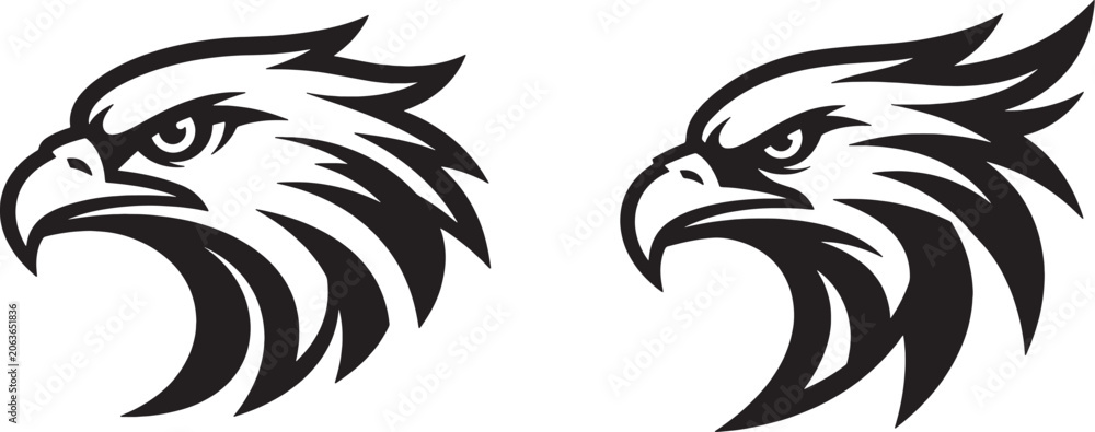 Fototapeta premium Set of two fierce eagle head silhouettes in black and white with predator