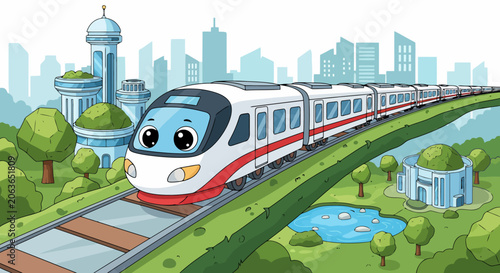 Modern High Speed Train Traveling Through a Green City Landscape.