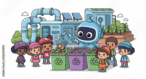 Robot and children recycling together at a futuristic plant.