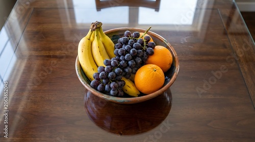 Fresh Bowl of Mixed Fruit on Polished Wooden Table
