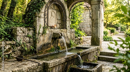 Ancient Stone Fountain with Religious Relief in Lush Garden