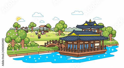 Traditional Korean Pavilion on Water with Lush Greenery and Bridge.