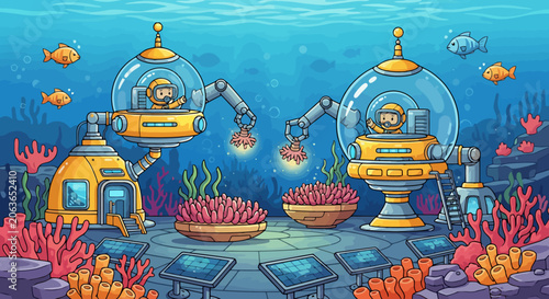 Underwater research station with submarines and marine life.