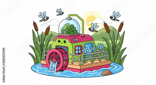 Whimsical Water Wheel House with Flying Insects and Cattails.