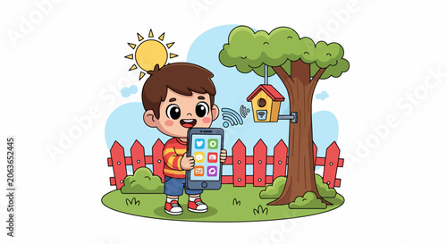 Young boy holding a smartphone with colorful app icons.