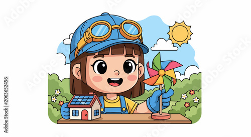 Young Girl Holding Pinwheel and Solar Panel House.