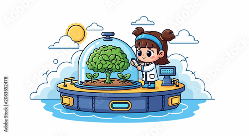 Young scientist studying a plant in a futuristic laboratory setting.