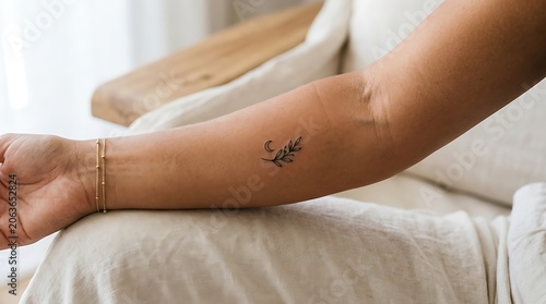 Minimalist Moon and Branch Tattoo on Woman's Forearm