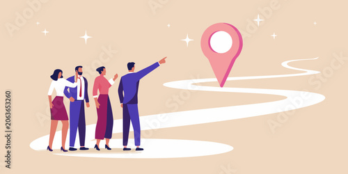 Business Team Looking At Map Marker Flat Vector Illustration