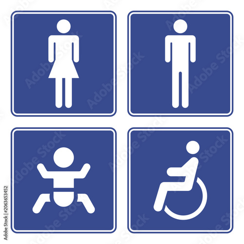 Toilette signs. Women's, men's, for babies and people with disabilities. Blue and white stencil signs