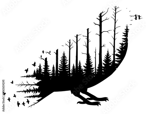 Creative double exposure vector illustration of a bird silhouette merged with a forest landscape and pine trees isolated on white background