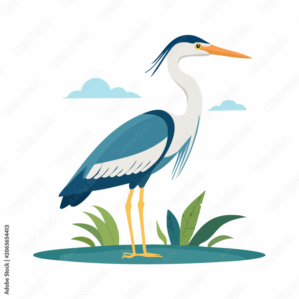 Fototapeta premium Illustration of a Blue Heron standing in water with plants and clouds