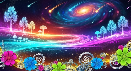 Vibrant Surreal Fantasy Landscape with Glowing Trees and Cosmic Galaxy Sky.