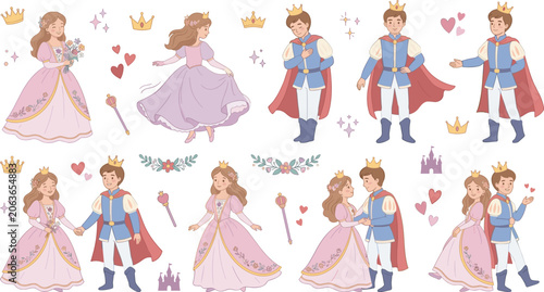 Quadro em tela Cute fairy tale prince and princess character collection with royal crowns castl