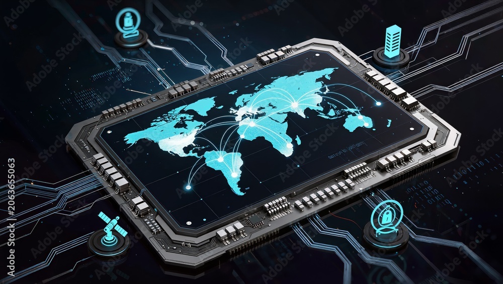 Fototapeta premium Global Digital Network Visualization with Cybersecurity Data Analytics Dashboards and Connected Information Systems