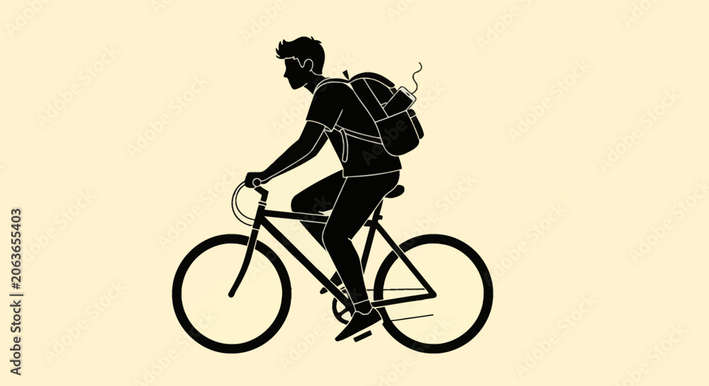 Obraz premium Minimalist black silhouette of a young male teenager riding a road bicycle while wearing a backpack with an external battery pack and charging cable, set against a solid cream background.