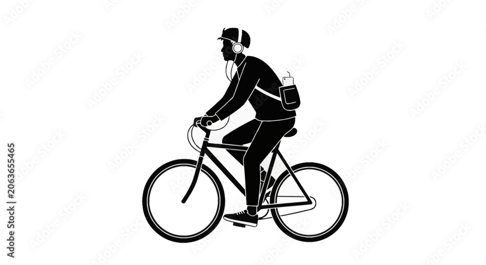Obraz premium Black and white silhouette vector illustration of a young man riding a bicycle, wearing headphones and a cap with a shoulder bag, isolated on a plain white background for design.