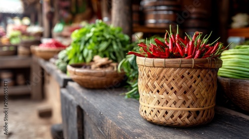 Fresh Red Chili Peppers in a Woven Basket at a Vibrant Outdoor Market Surrounded by Various Green Vegetables and Herbs in a Rustic Setting