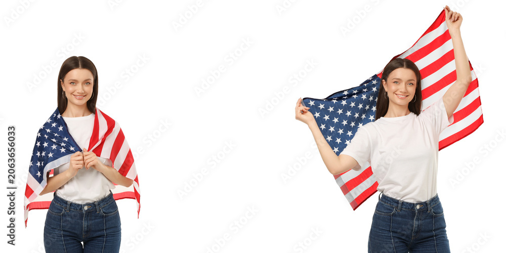 Fototapeta premium Woman embraces american flag, radiating pride and joy. Celebration of usa 250 concept, PNG