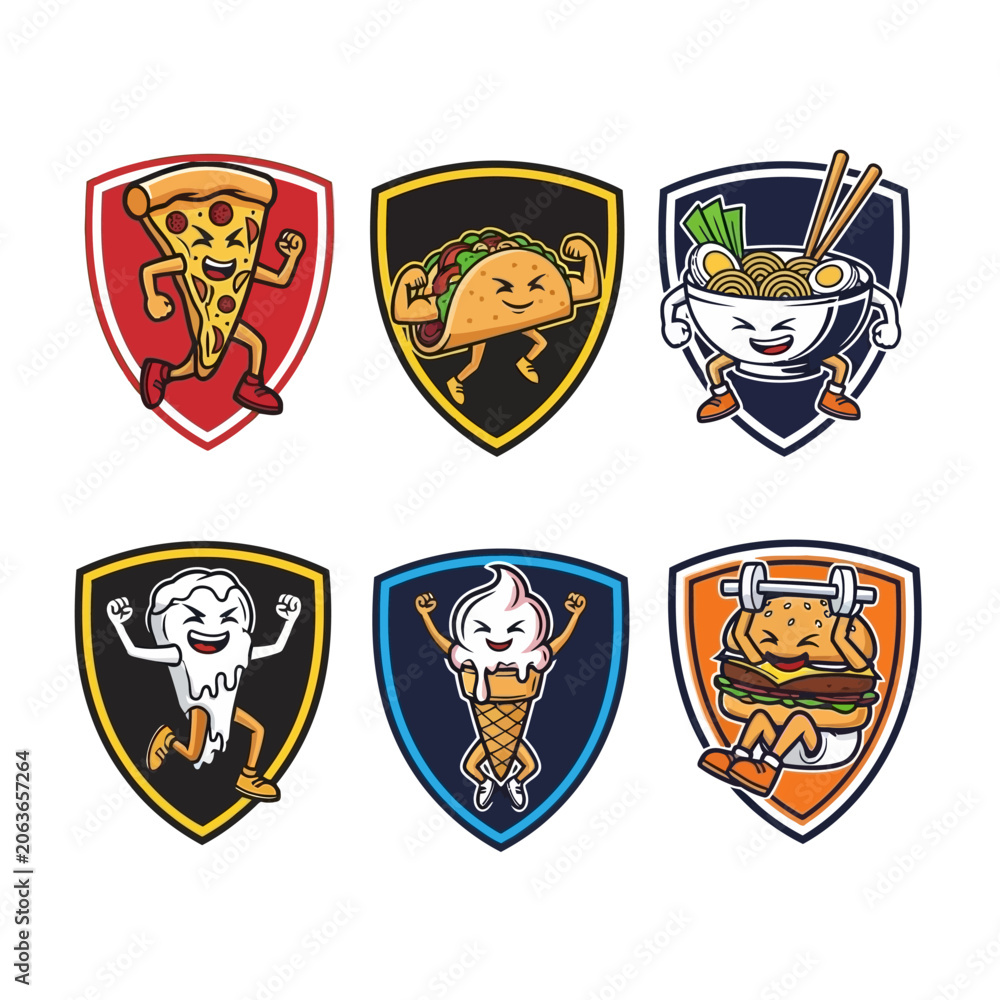 Obraz premium Fitness Food Characters: Pizza, Taco, Ramen, Ice Cream, Burger Icons on Shields