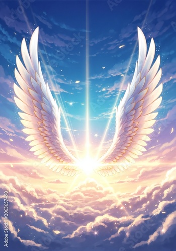 Divine Angelic Wings Spreading Light in a Heavenly Sky at Sunrise