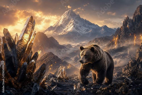 A large grizzly bear walking through a mountainous landscape with crystals.