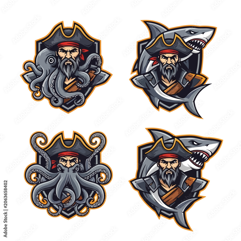Obraz premium Pirate Captain Emblems with Shark and Kraken - Set of 4