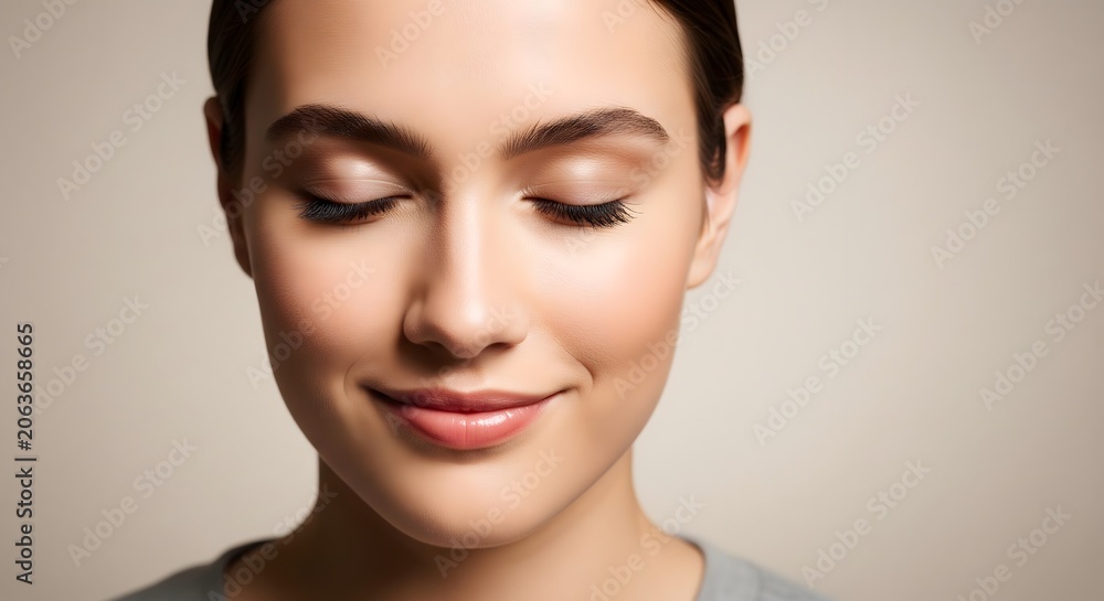 Fototapeta premium Close up portrait of a young woman with natural makeup and closed eyes