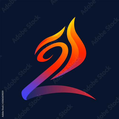 number 2 on fire. burning letter. 2 burning with purple and orange gradient. sparks and flames on the two digit. Used to show countdown or upcoming events.