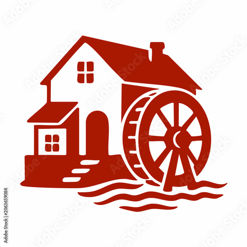 Red Watermill House with Wheel.