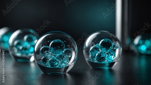 Modern design featuring group of glass balls sitting on top of table - Generative AI