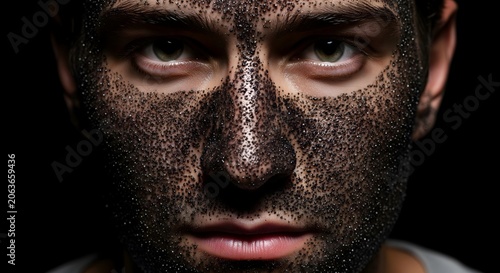 Close up portrait of man with charcoal face mask for skin care treatment