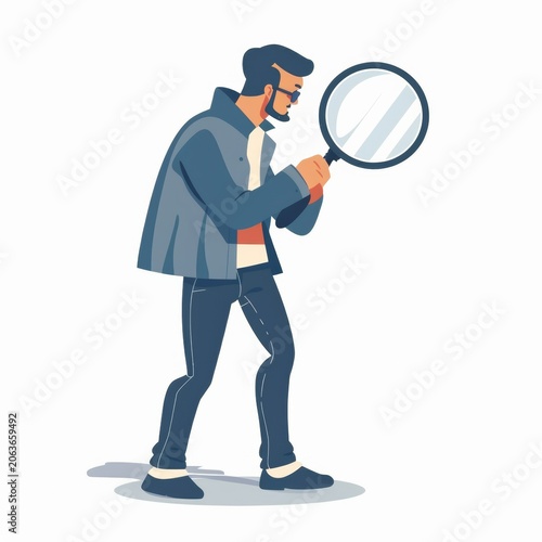 Man holds a magnifying glass and looks for clues while investigating in a street setting during the day