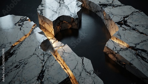 Creative composition of black and white marble table with light shining through it - Generative AI