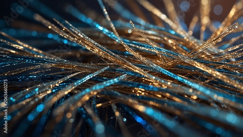 Generative AI illustration: close up view of blue and gold background with detailed texture