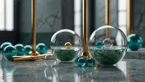 Creative composition of group of glass balls sitting on top of marble table - Generative AI