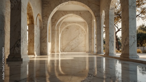Creative composition of large room with marble floor and columns - Generative AI