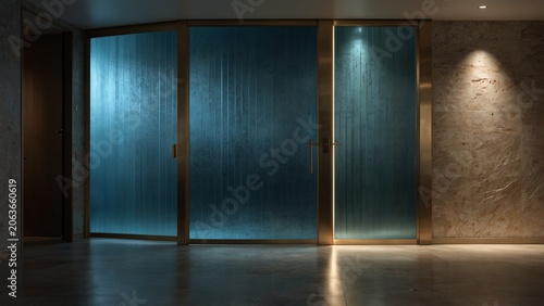 Generative AI illustration: room with two doors and light on the wall with detailed texture