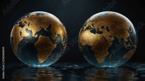 Close up of two globes on dark surface, high quality conceptual artwork - Generative AI