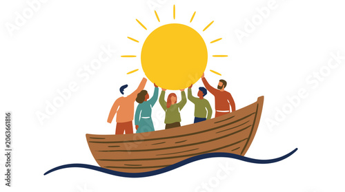 Canvas Print Diverse group in boat holding sun, conceptualizing unity, hope, and collective teamwork