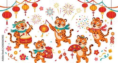 Chinese New Year Tiger Vector Clipart Set with Cute Cartoon Cubs Celebrating Lunar Festival with Red Lanterns, Fireworks, Drums, and Traditional Decorations
