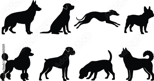 Bild auf Leinwand Dog Breed Silhouette Set Domestic Canine Animals Running Sitting Standing Icons